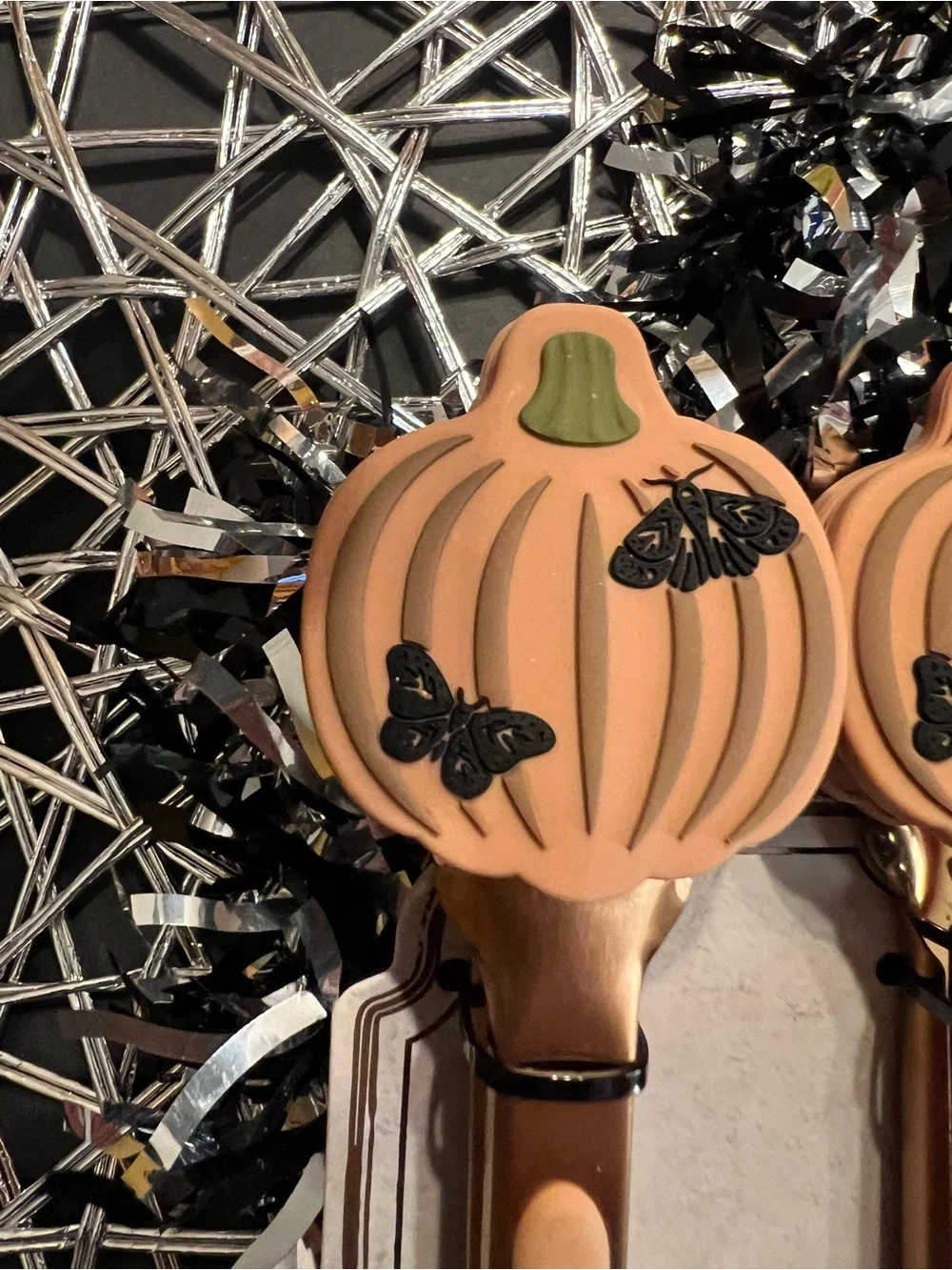 2 Silicone Harvest Pumpkins with Black Moths Tongs Halloween Bronze Metal Handle